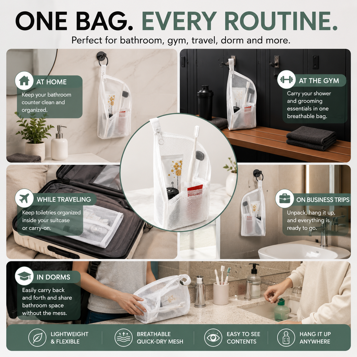 Portable mesh toiletry bag for bathroom gym travel dorm and business trips