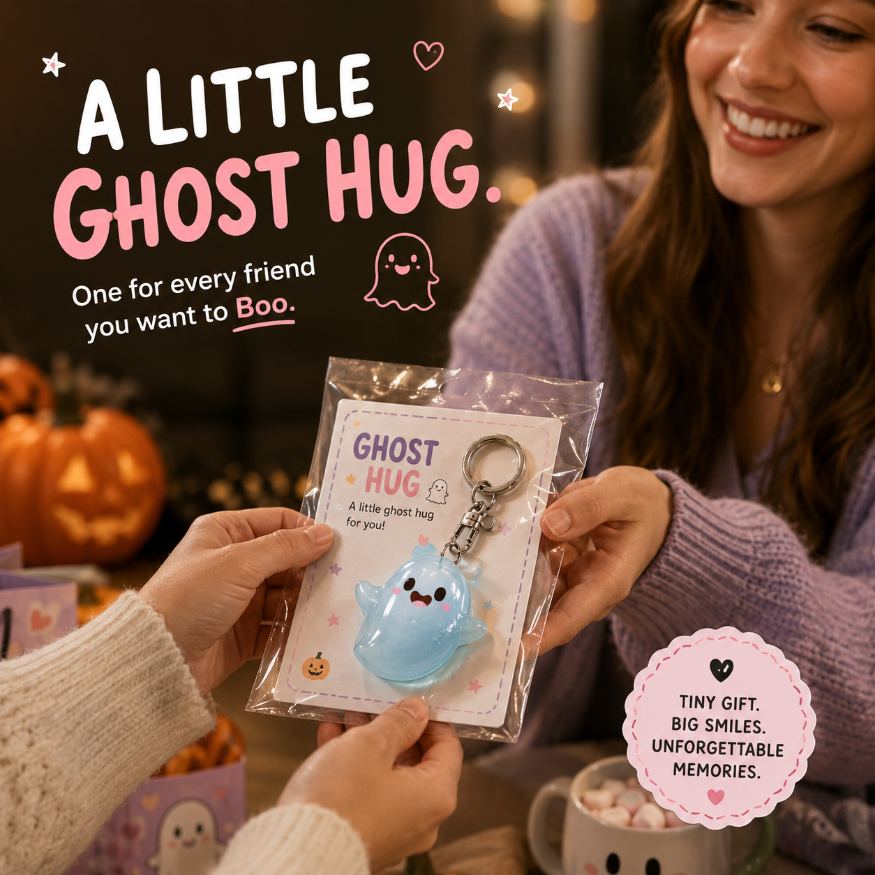 Giving Ghost Hug glow in the dark keychain as Halloween gift