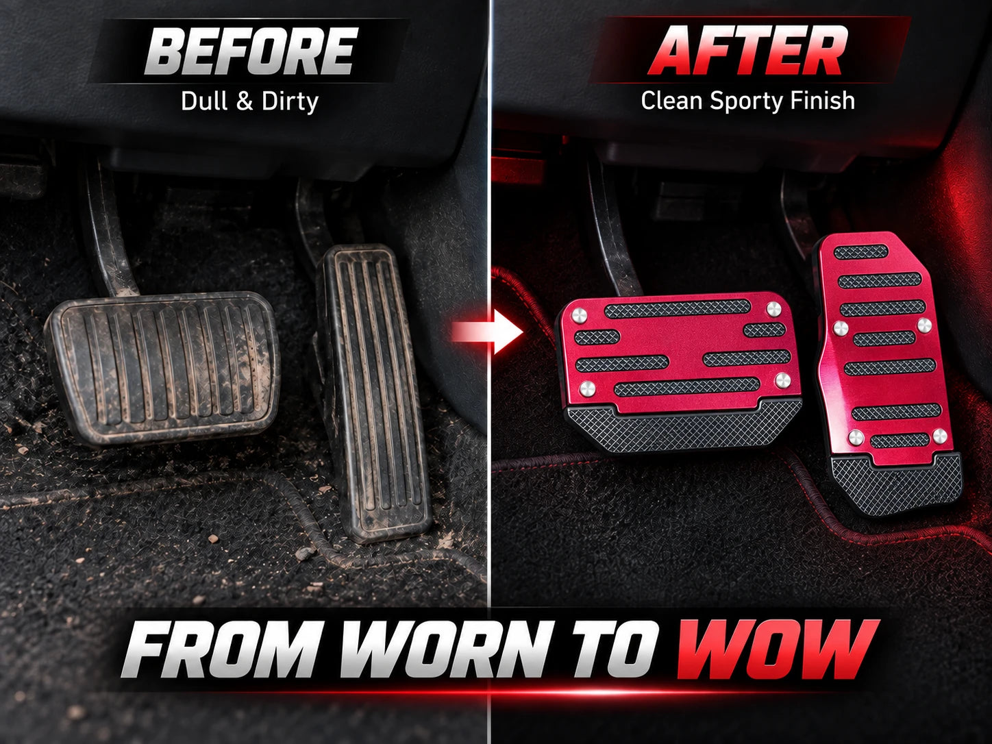 Before and after comparison of worn factory pedals and clean red sport pedal covers