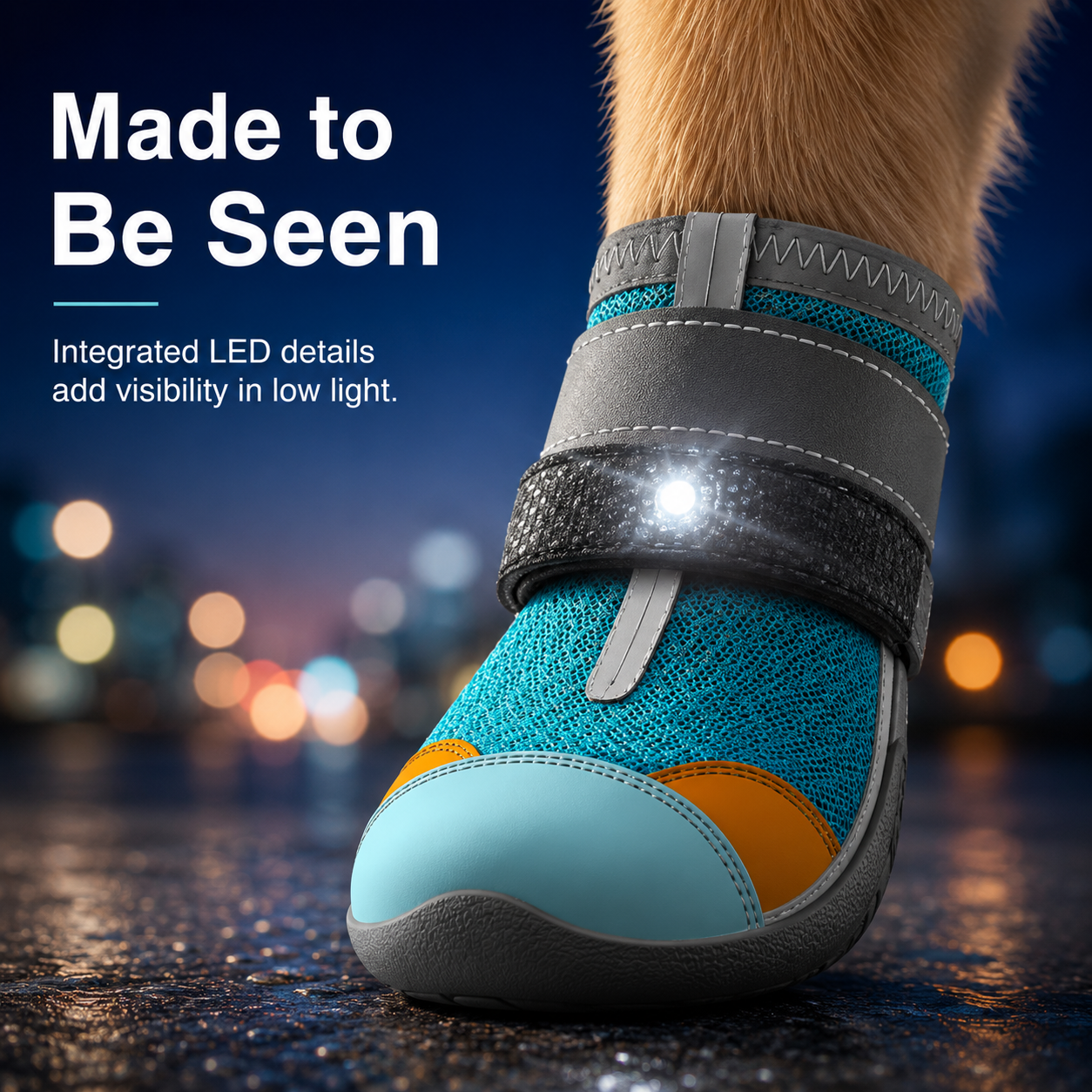 Breathable LED dog boots overview on turquoise background