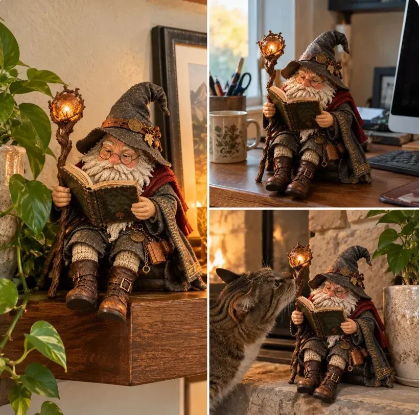 The same scholar figurine shown in several indoor display settings