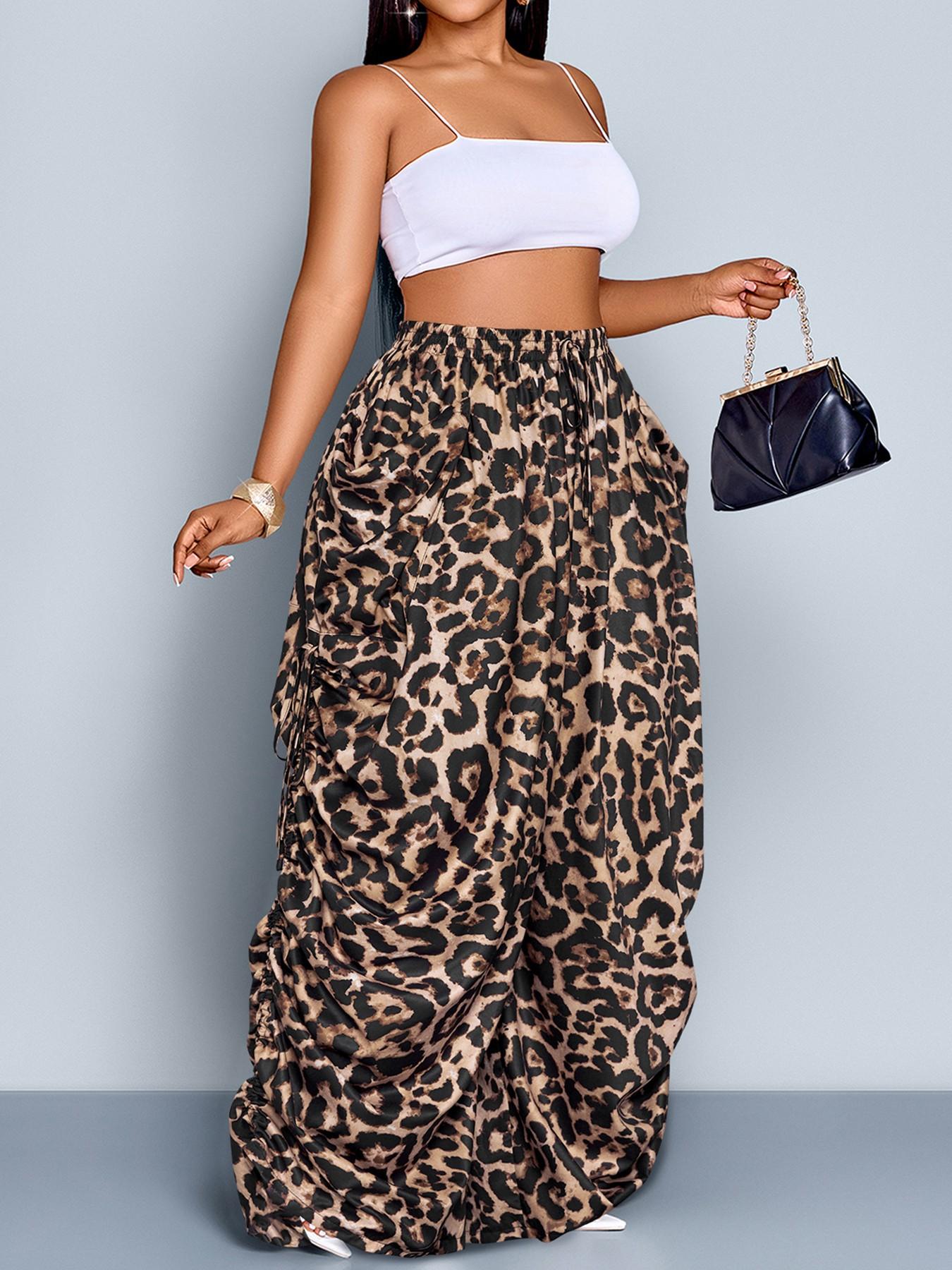 Women's Plus Size Leopard Print Wide Leg Pants, High Waist Elastic Waist Adjustable, Loose-Fitting Long Pants, Casual All Seasons Fashion, Casual High Waisted