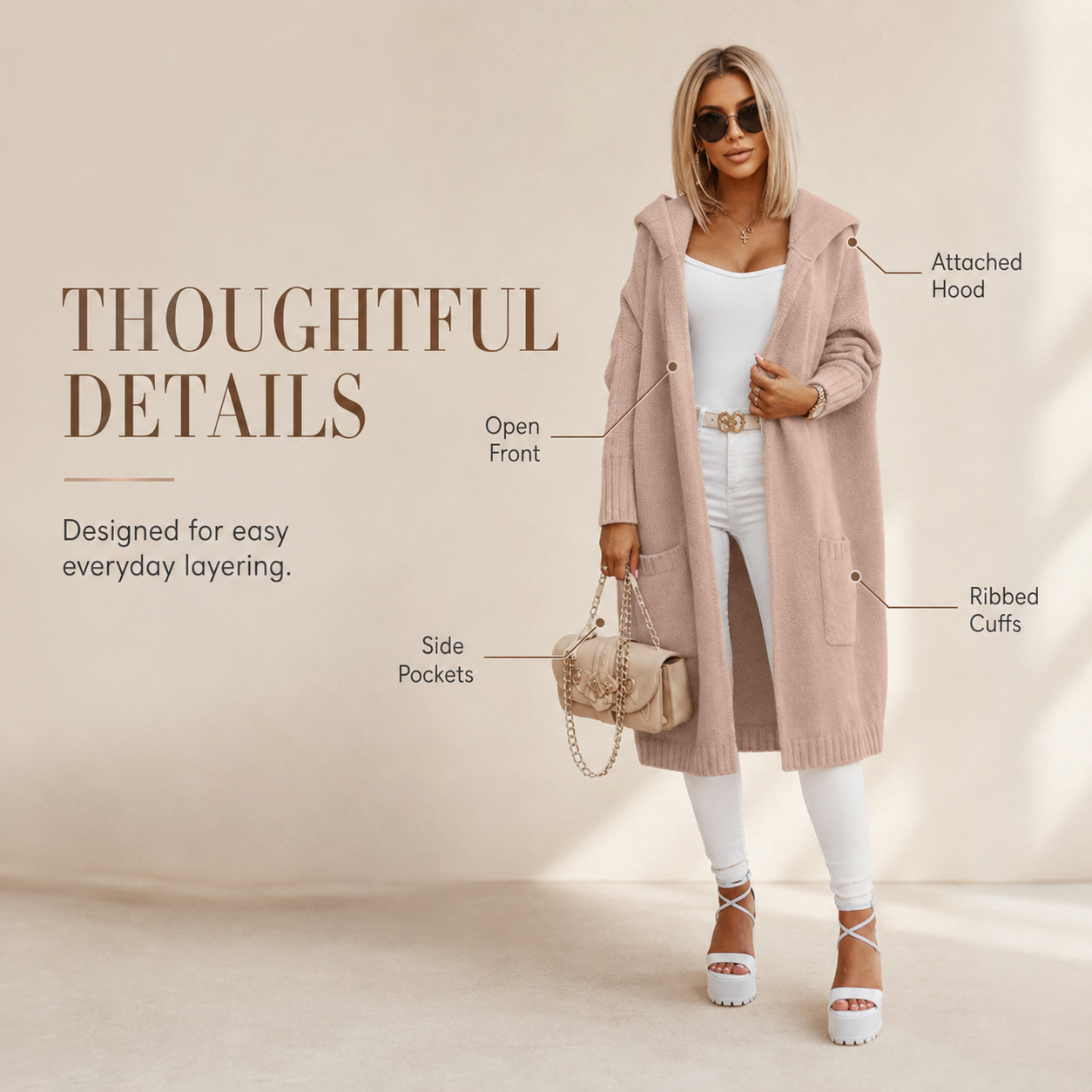 Open front hooded cardigan styled with denim jeans