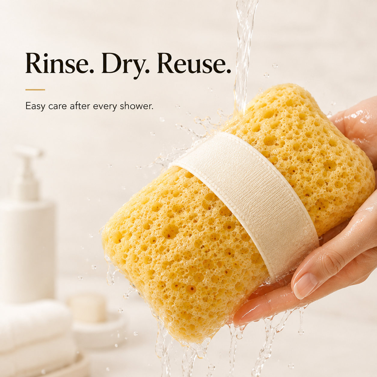 Rinsing soap suds out of sponge under running water