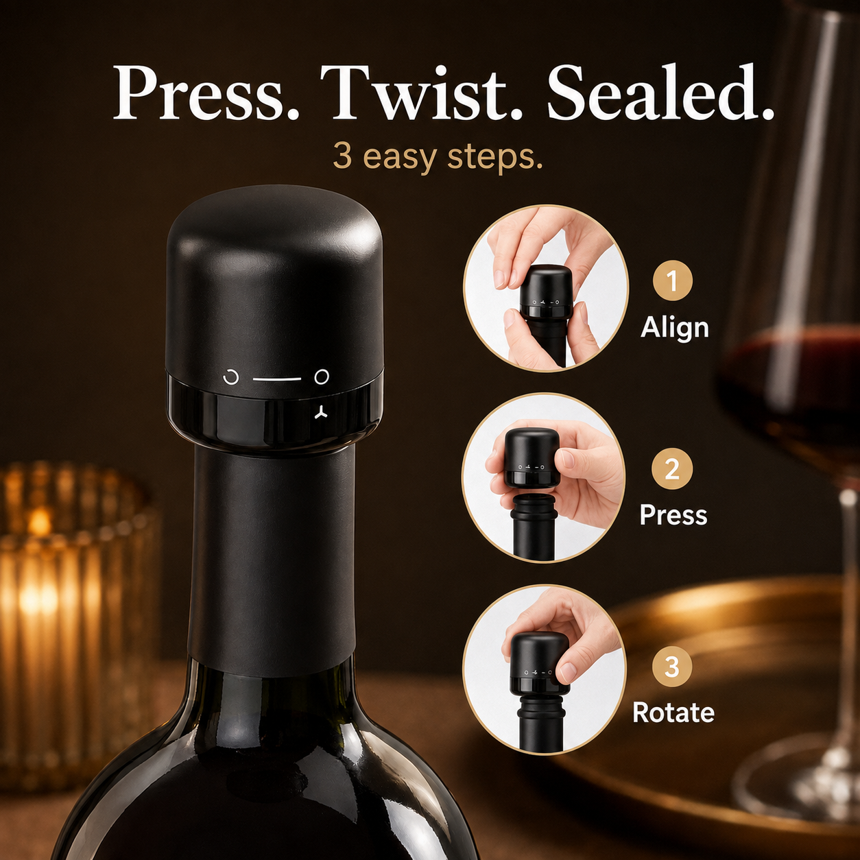 Press and twist lock wine bottle stopper elegant product view