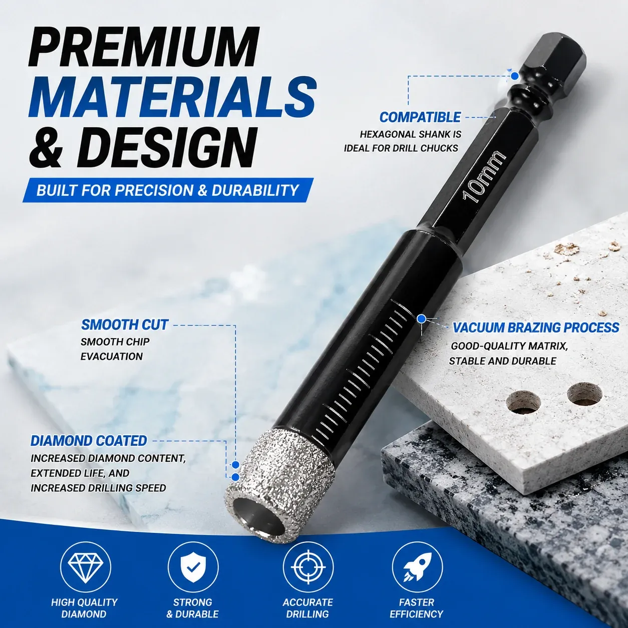 Diamond coated cutting edge and hex shank