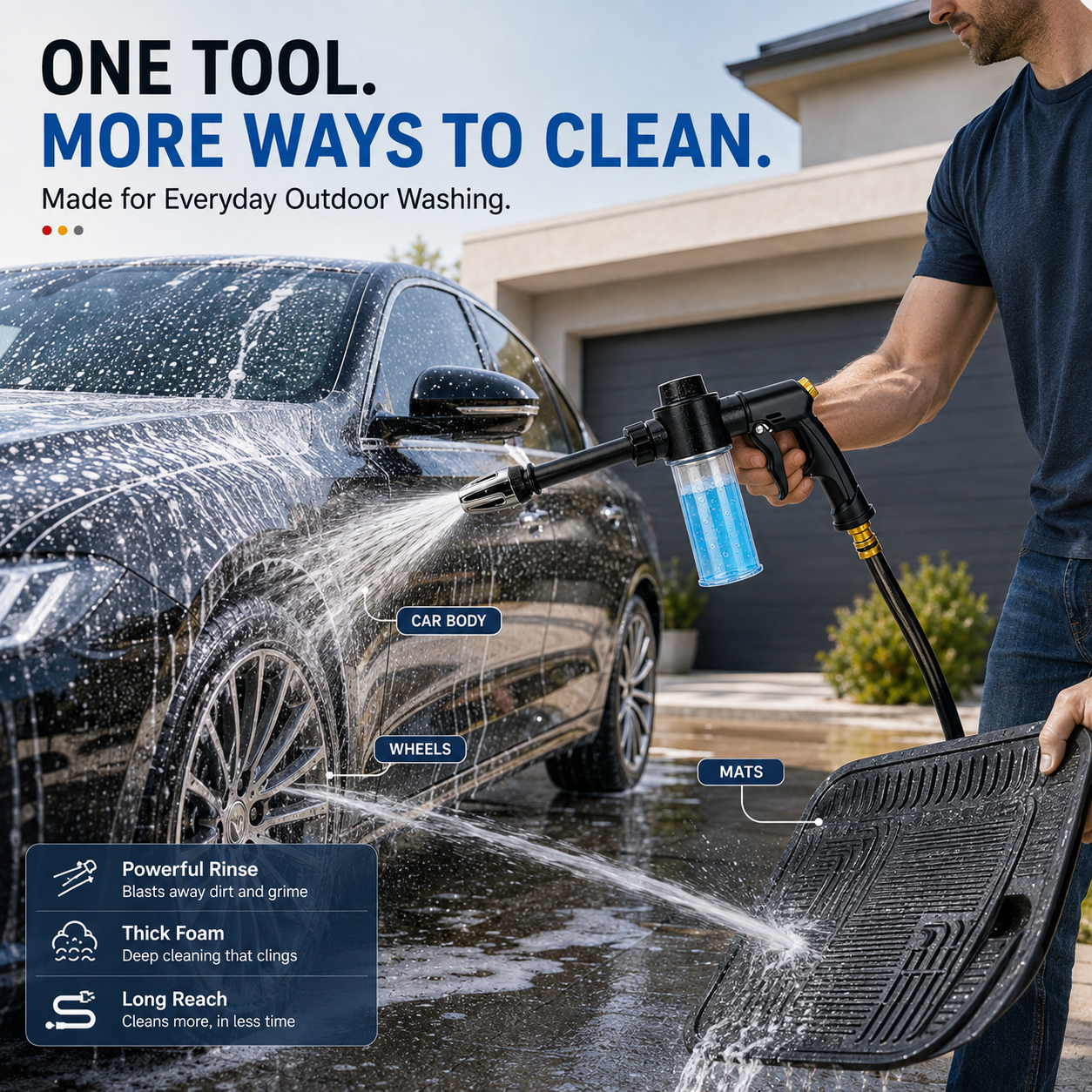 Multi-functional car wash foam gun and connection accessories overview