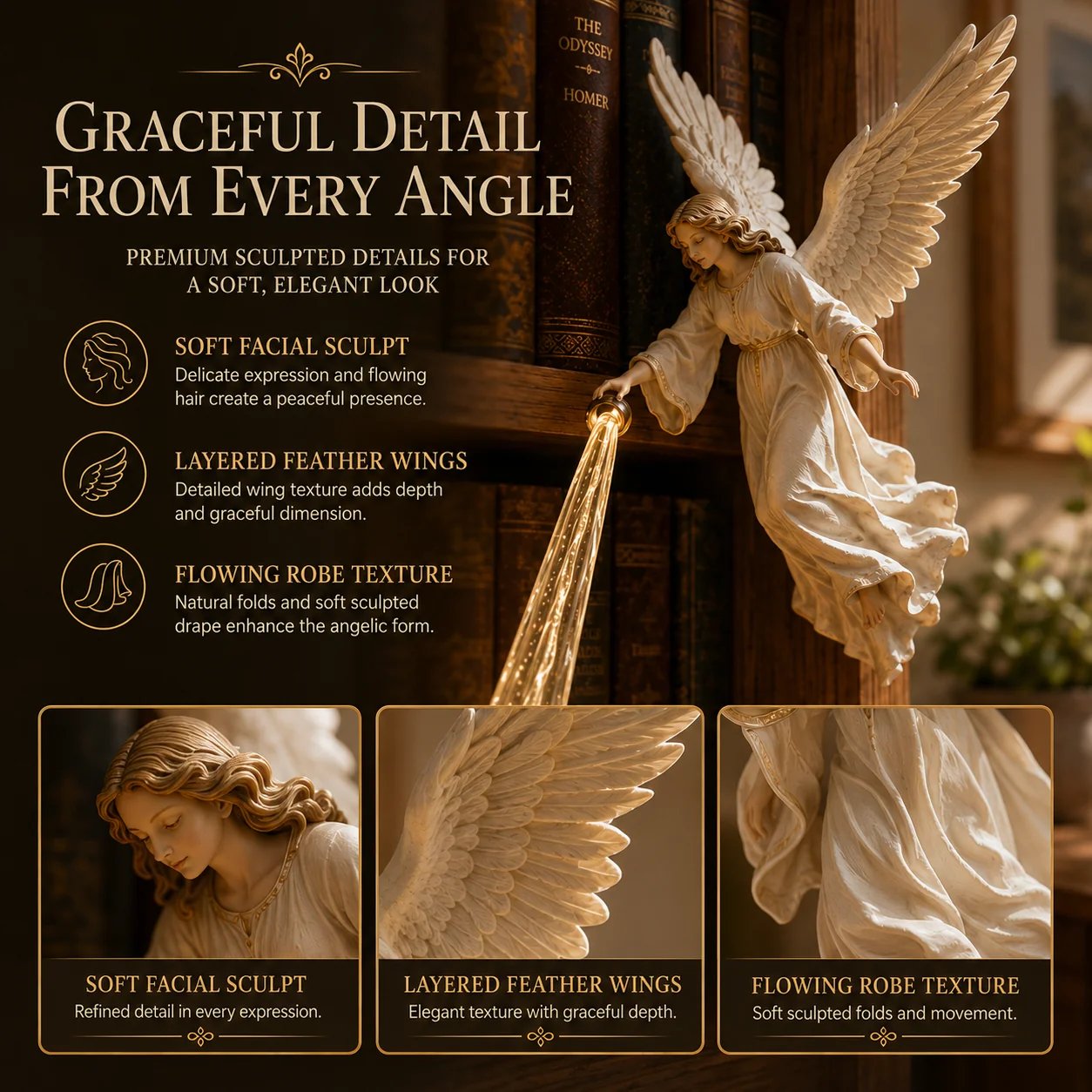 Guardian Angel detailed wings face and flowing robe