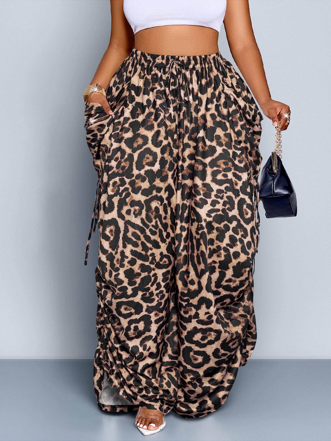 Women's Plus Size Leopard Print Wide Leg Pants, High Waist Elastic Waist Adjustable, Loose-Fitting Long Pants, Casual All Seasons Fashion, Casual High Waisted