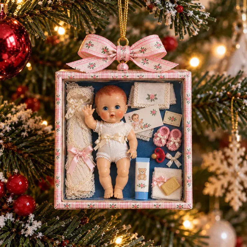 Vintage baby doll ornament displayed on a Christmas tree
