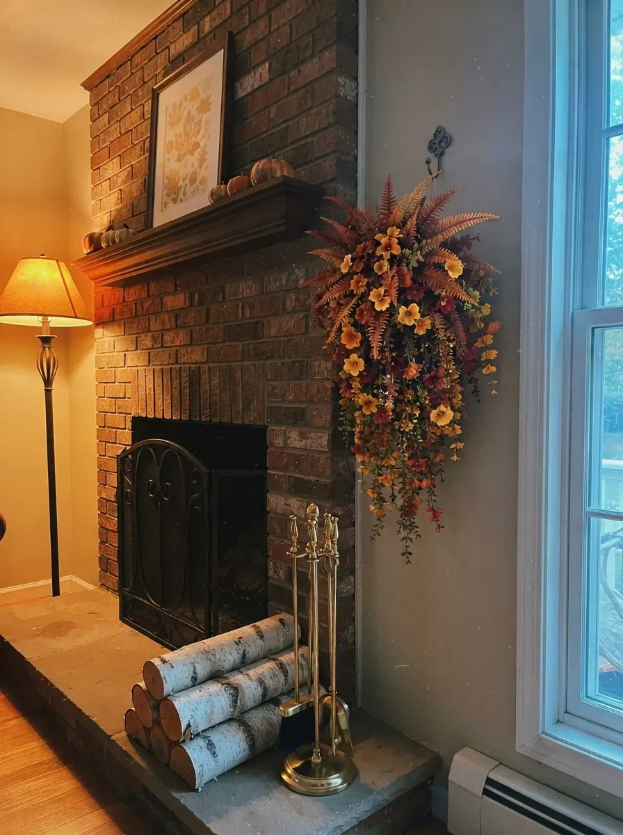 Sekha's fall hanging floral arrangement displayed near indoor fireplace
