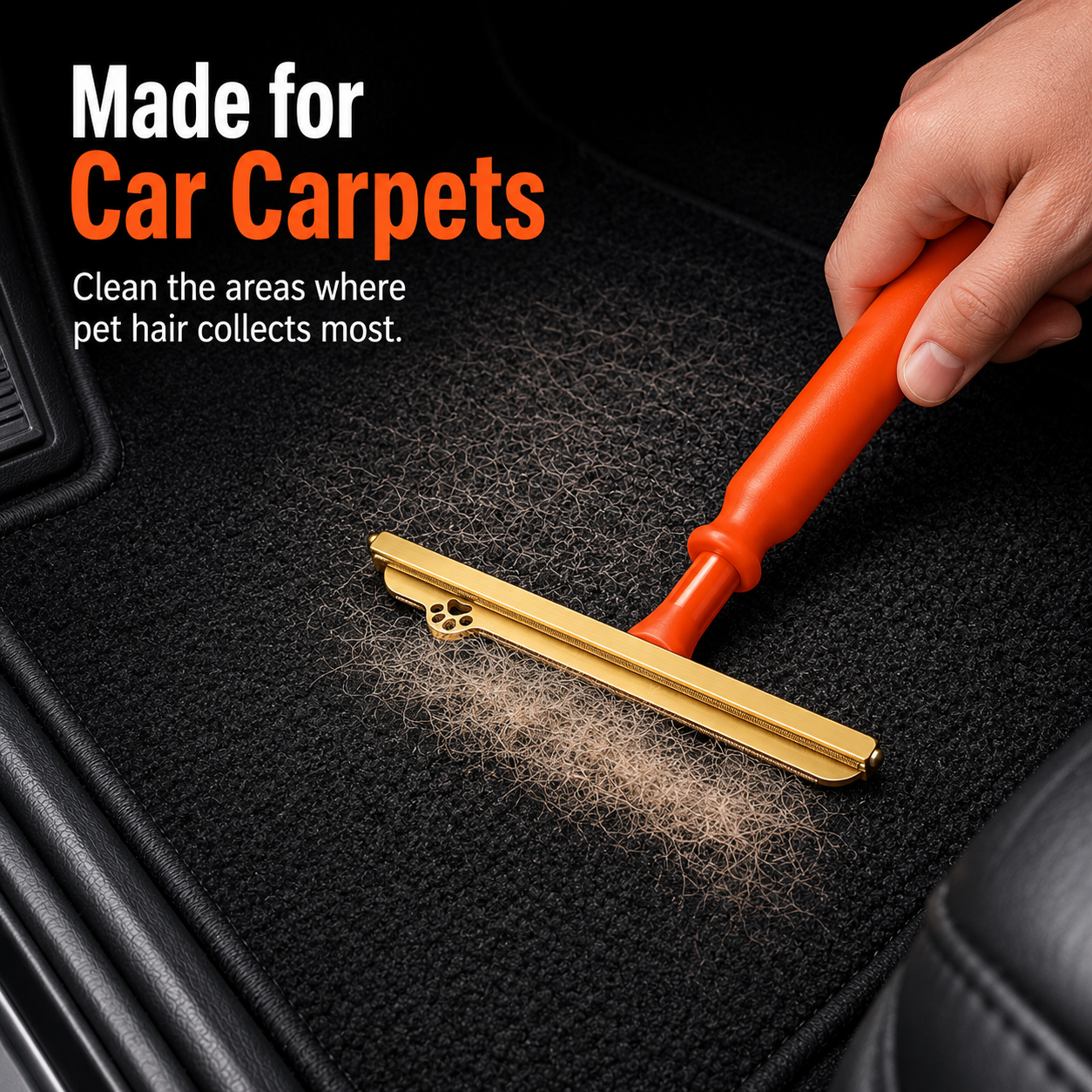 Dual-sided copper cleaning head pulling pet hair from carpet