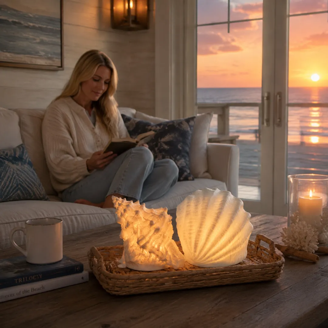 Warm conch light displayed in an elegant coastal room