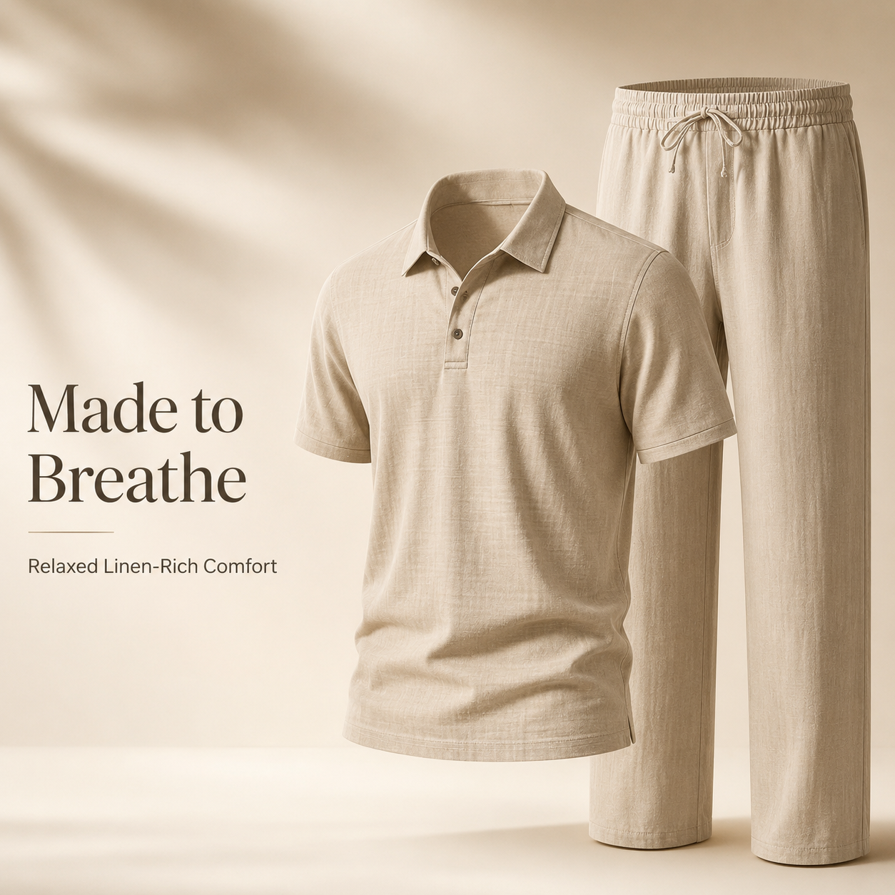 Rear back view of men's linen polo shirt and trousers