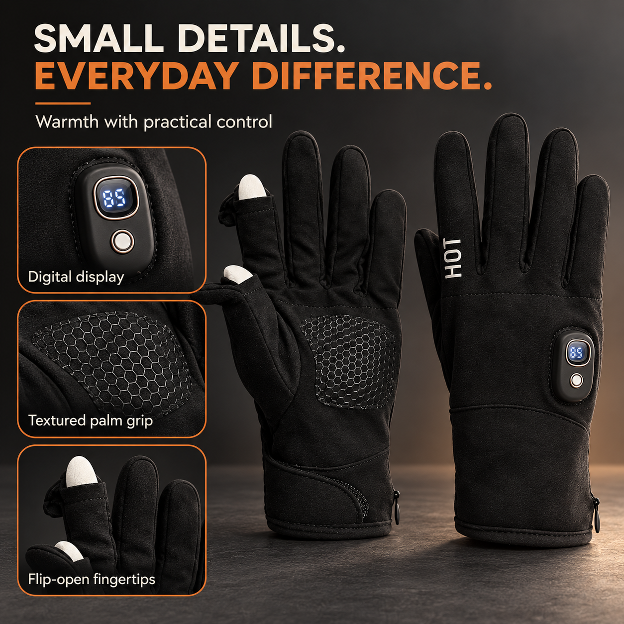 Close-ups of the digital display, honeycomb palm grip and flip-open fingertips