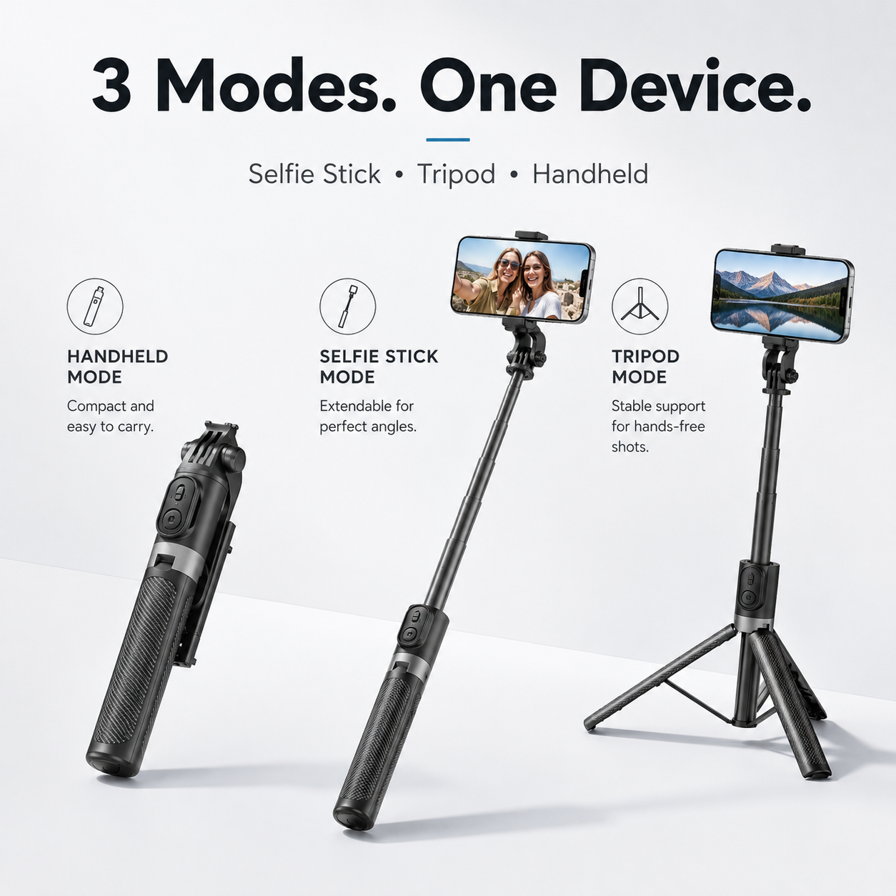 3 in 1 shooting modes handheld selfie stick tripod stand stabilizer