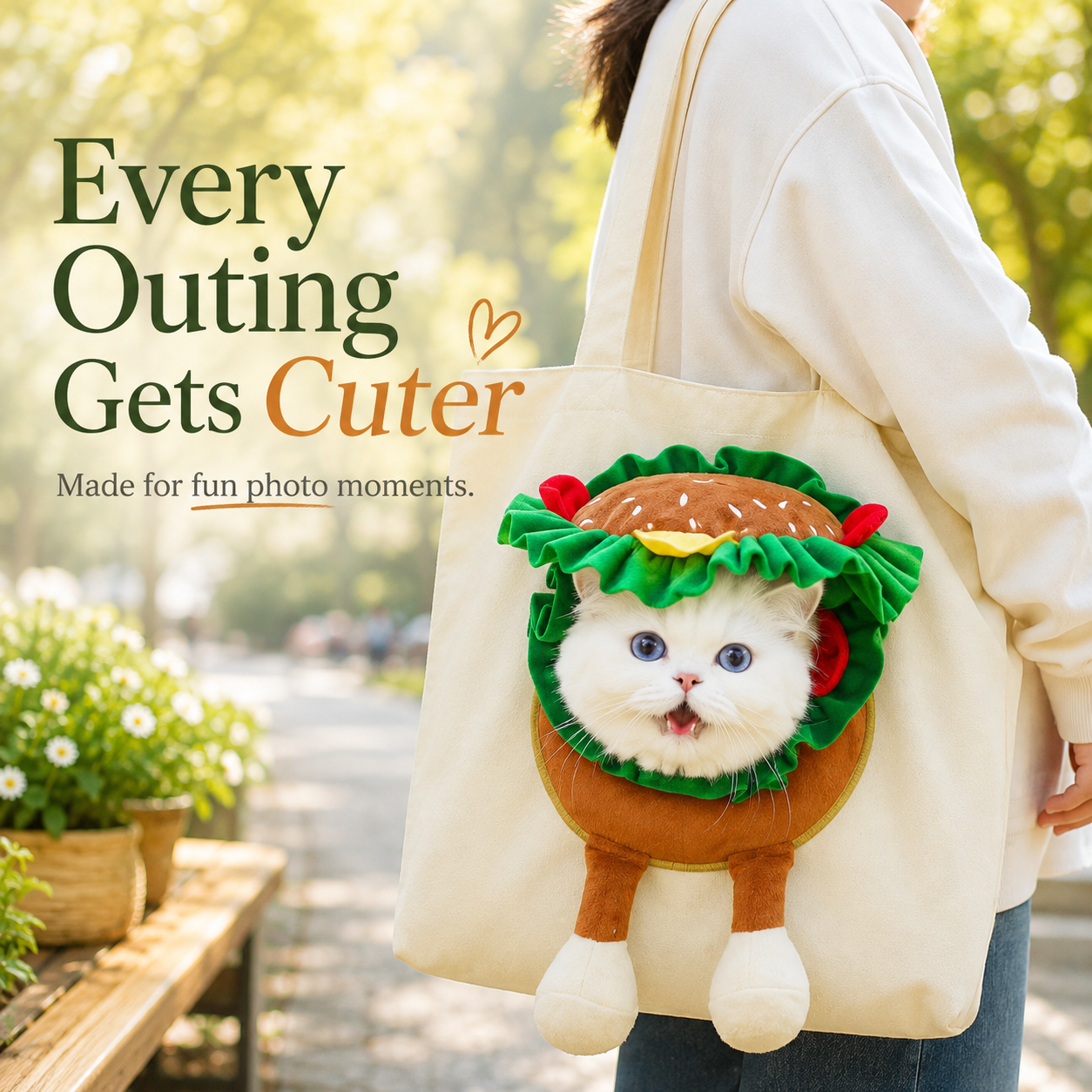 Cat carrier tote bag with cute cartoon character opening