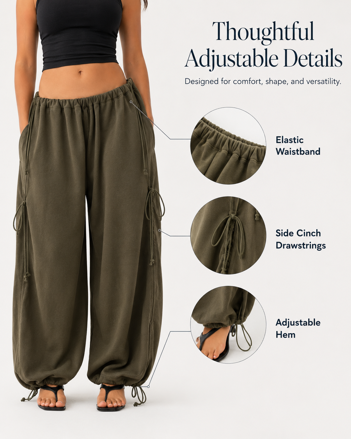 Elastic waistband side drawstrings and adjustable hem details