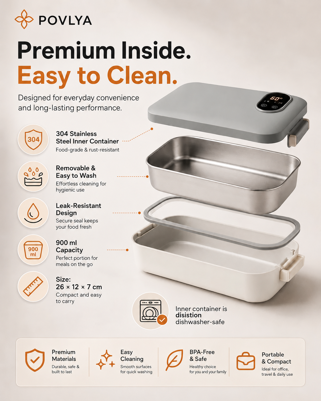 Portable electric lunch box 304 stainless steel inner container and easy cleaning
