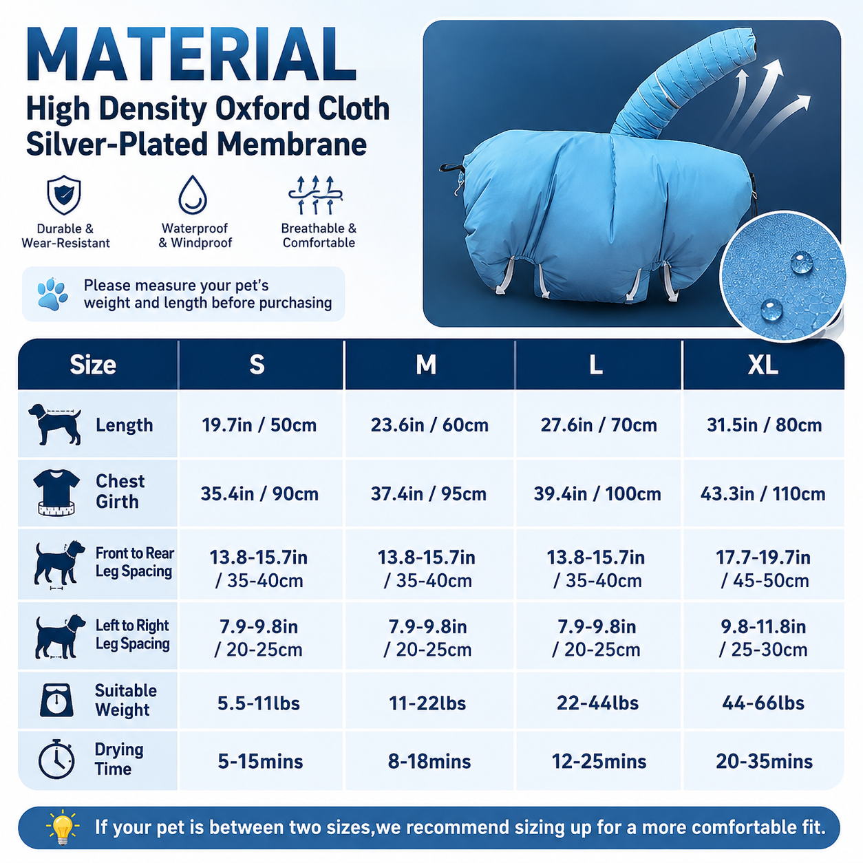 Pet dryer bag size chart and measurements