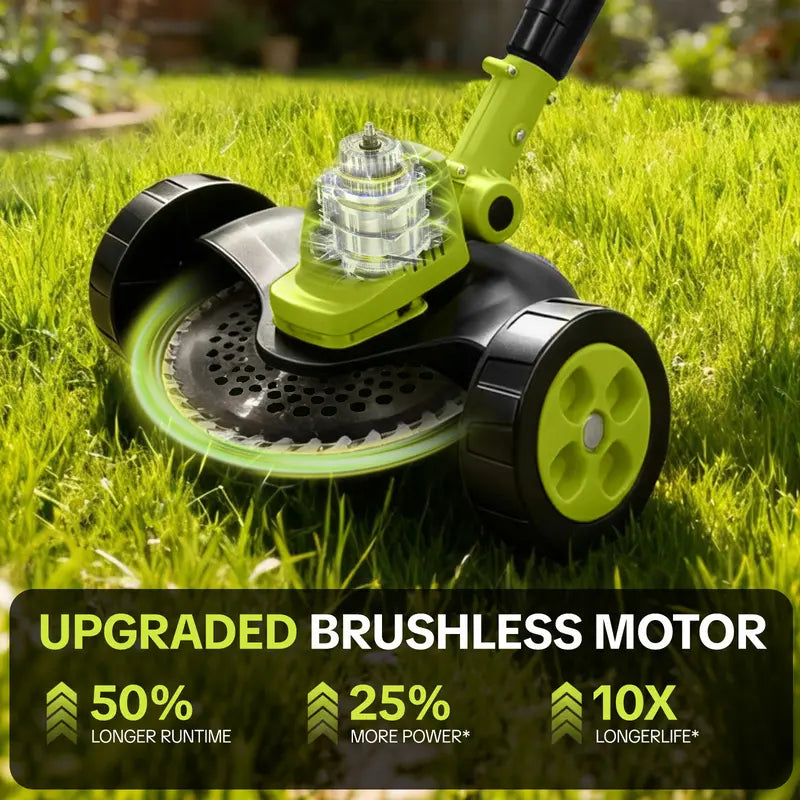 Cordless grass trimmer used outdoors