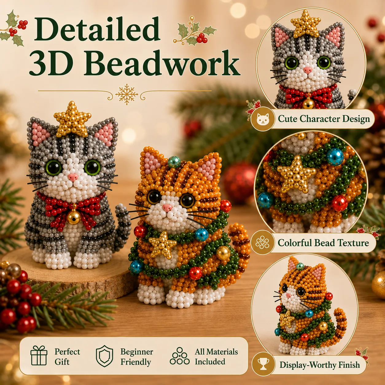 3D texture and shiny beadwork details of Christmas cat