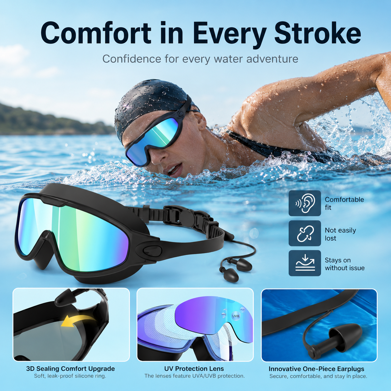 Comfortable adult goggles for lap swimming and open water