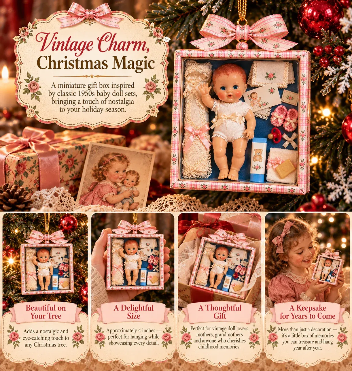Retro inspired Christmas styling with miniature baby doll ornament
