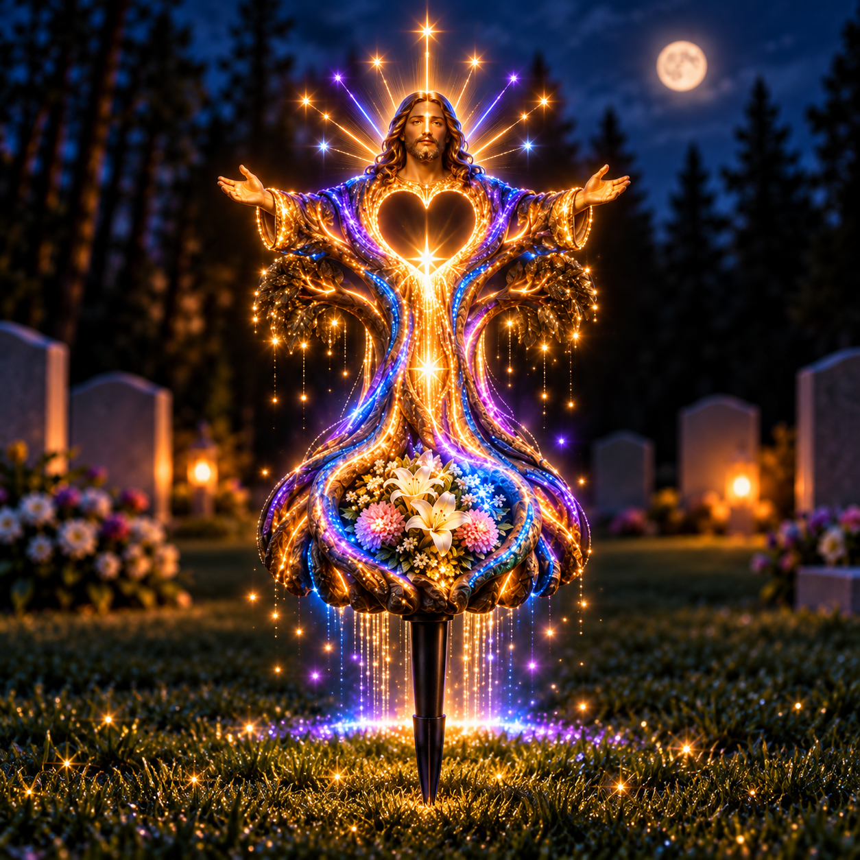 Open Arms Jesus memorial solar garden light glowing at night