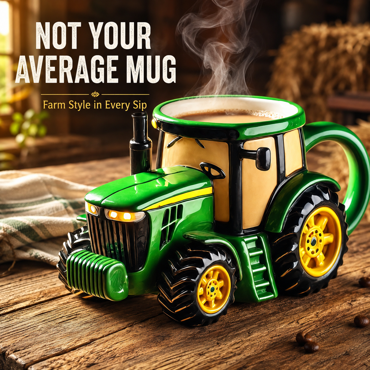 Hand holding sculpted tractor mug enjoying morning coffee