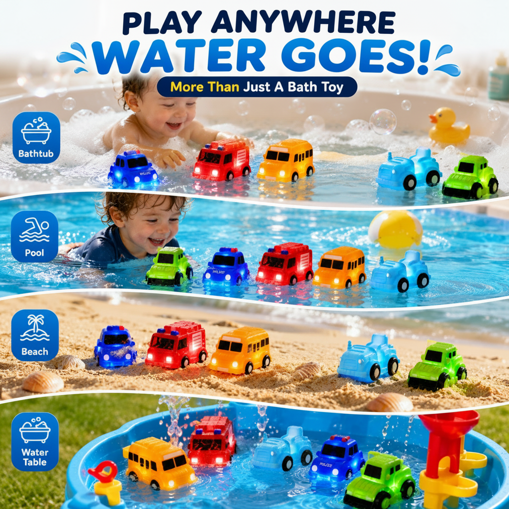 Six assorted traffic and construction inspired bath toys