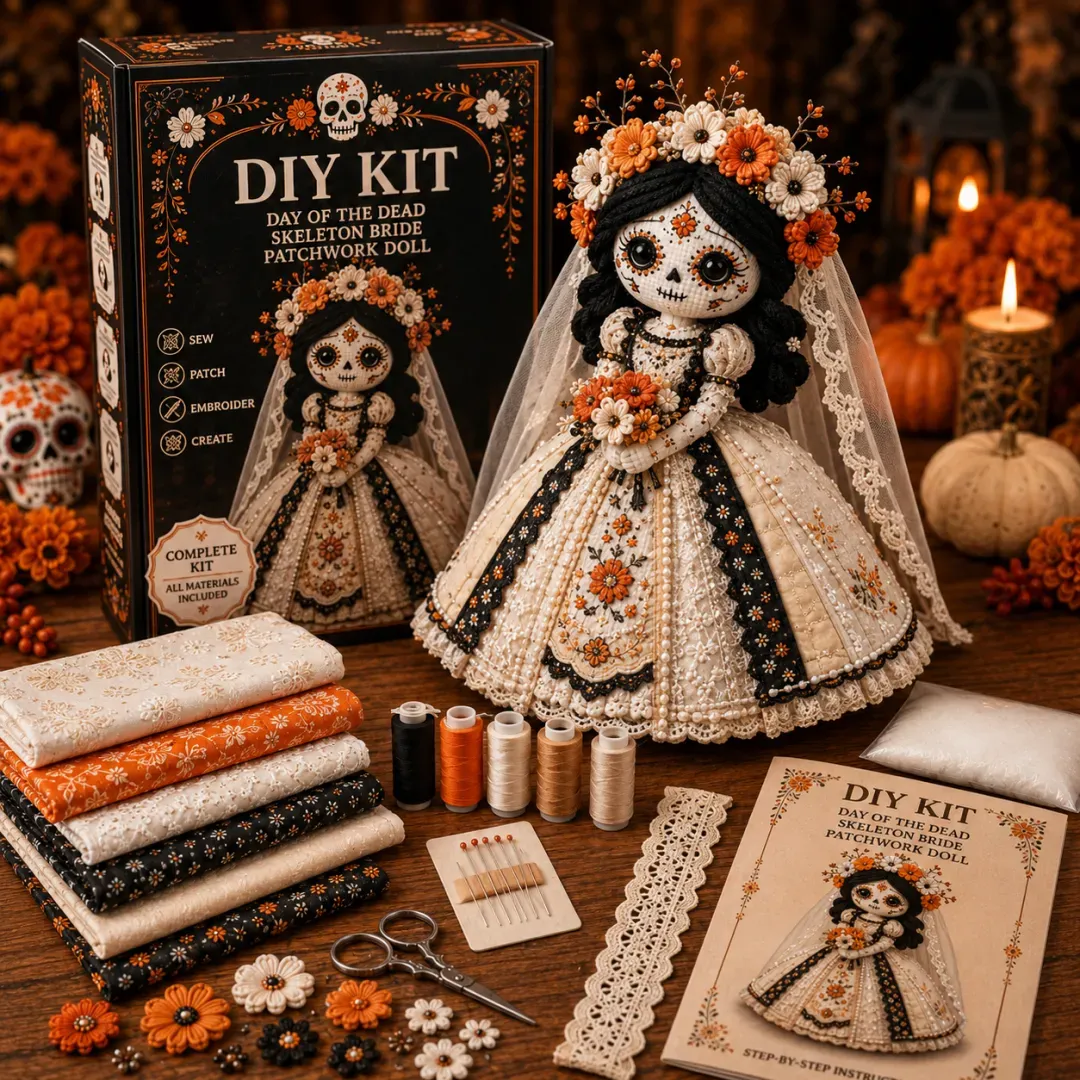 What is included in the Day of the Dead patchwork doll DIY sewing kit