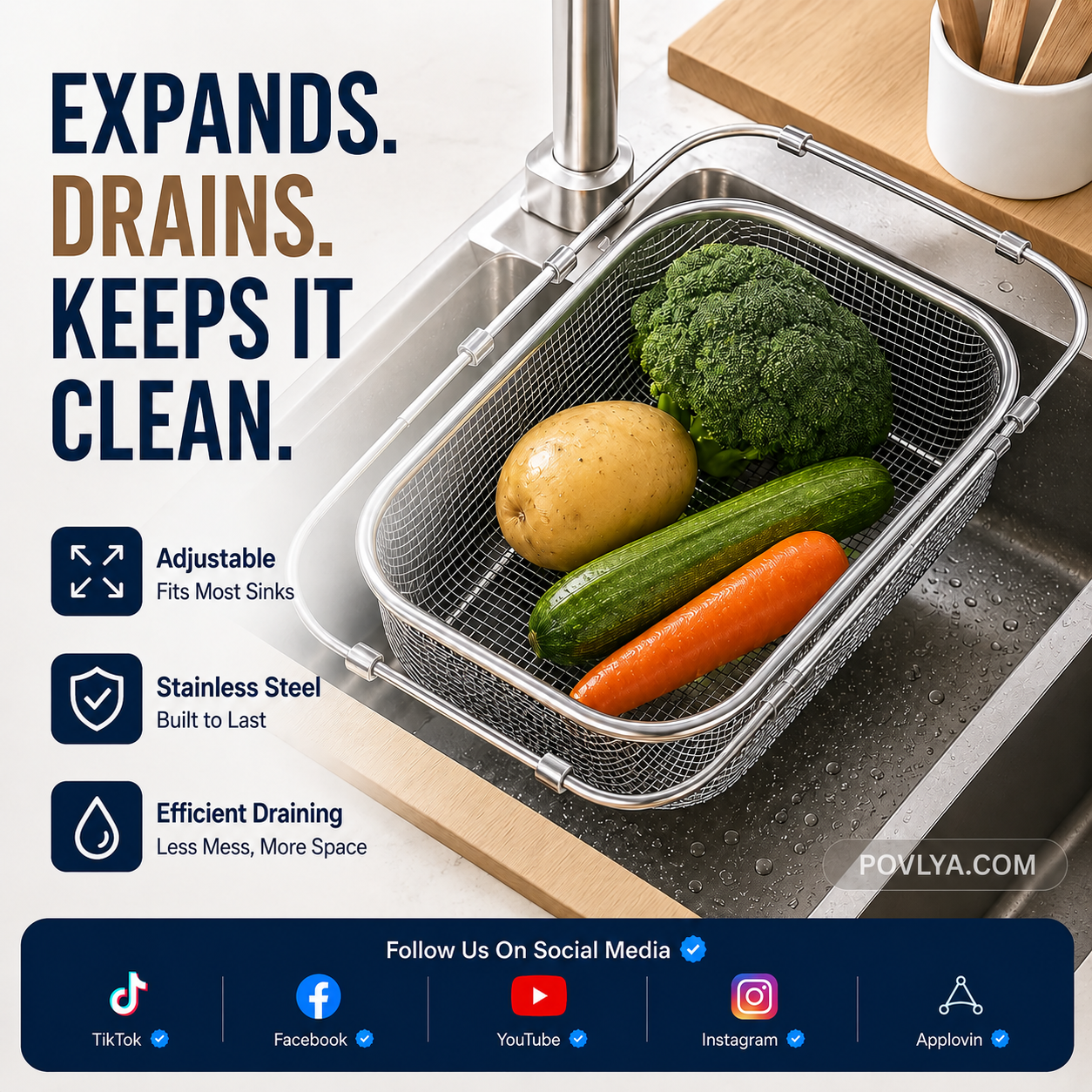 Expandable stainless steel sink drain basket with vegetables