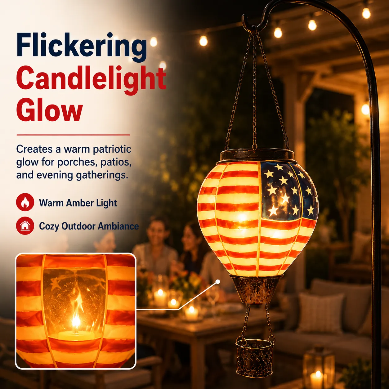Warm flickering flame glow patriotic lantern