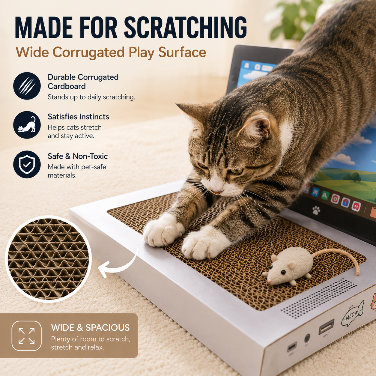 Cat sitting next to laptop cat scratcher toy profile view