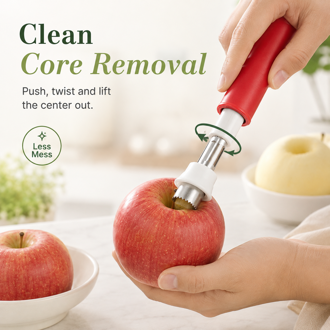 Four step demonstration of fruit coring and peeling process