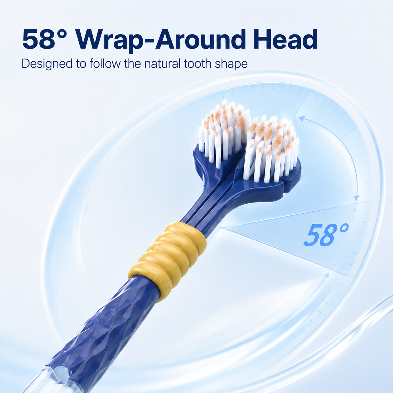 Three sided toothbrush wrapping around teeth model