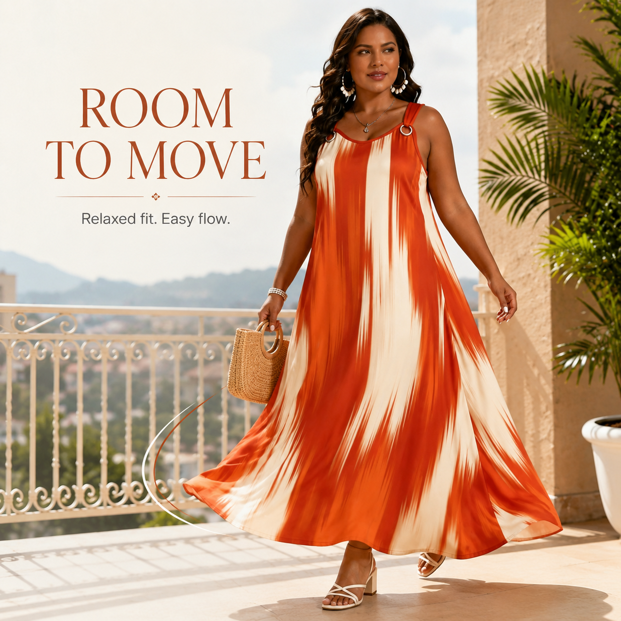 Full-length flowing hemline and vertical print pattern