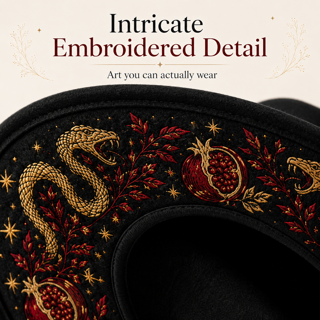 Embroidered wide brim felt hat underbrim artwork full view