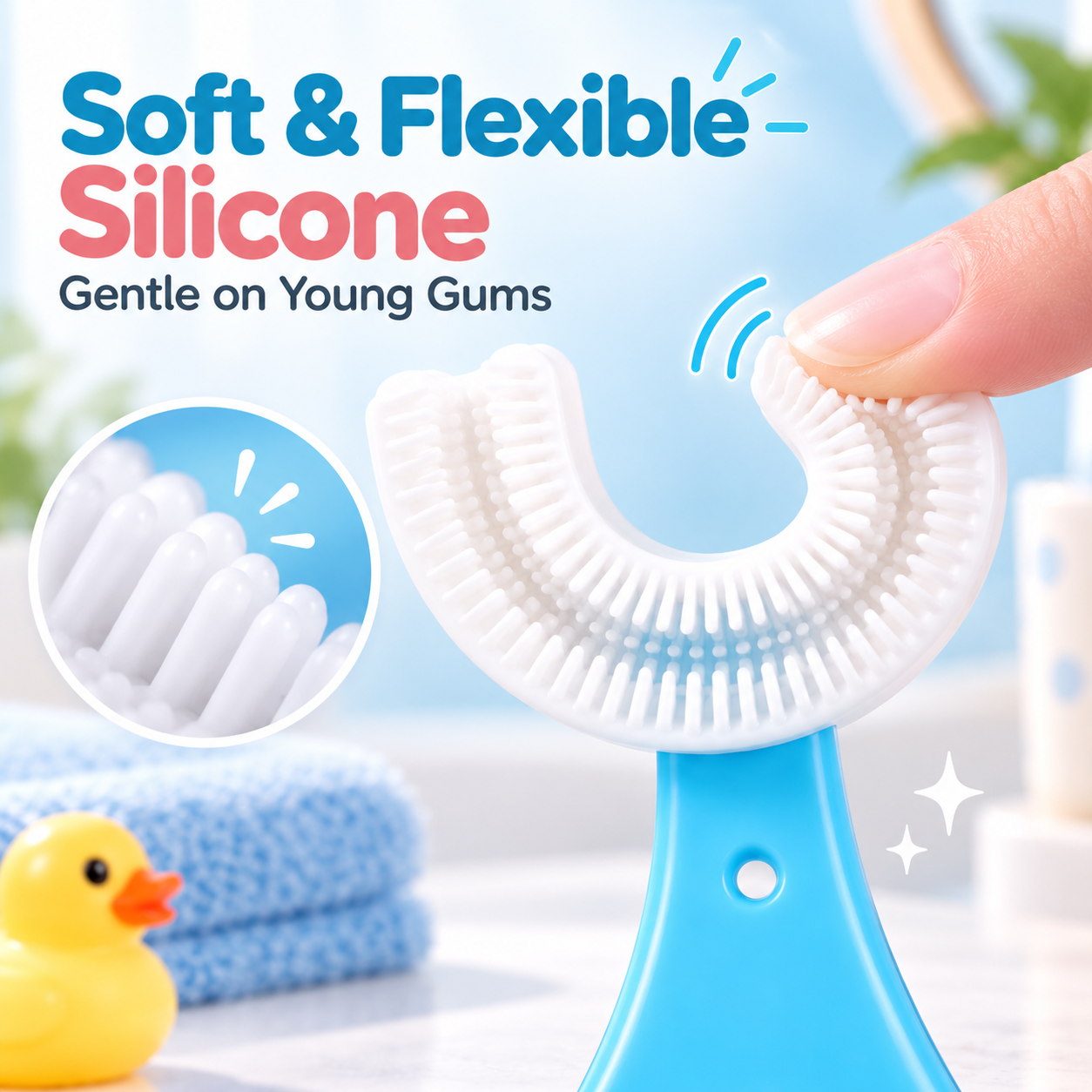Child happily brushing teeth independently with U-shaped toothbrush