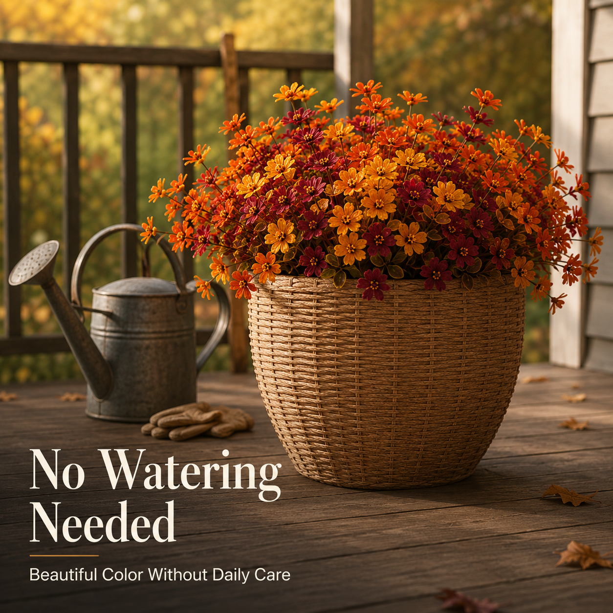 Hanging flower basket filled with multicolor autumn faux blossoms