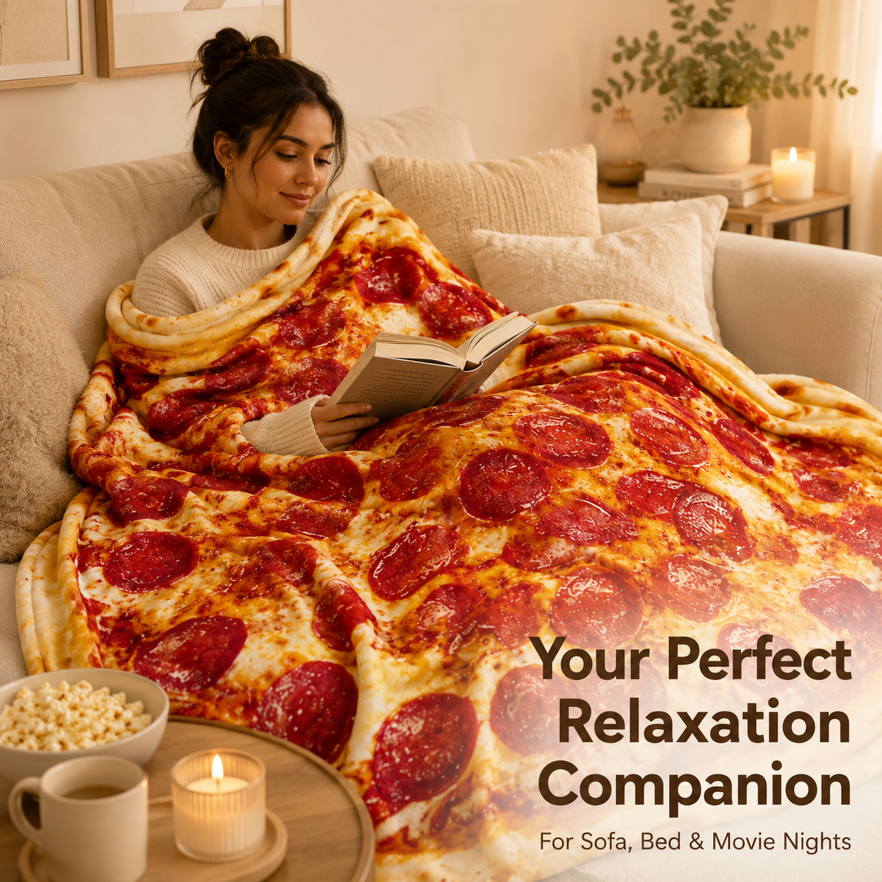 Food print blankets laid out on bed and sofa