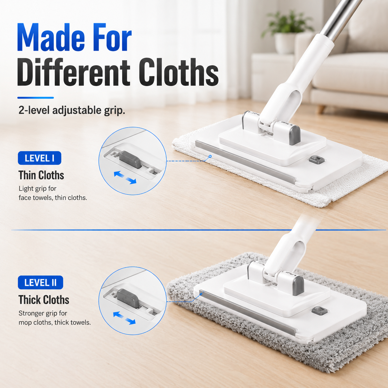 Flat mop head sliding under low clearance couch and gap
