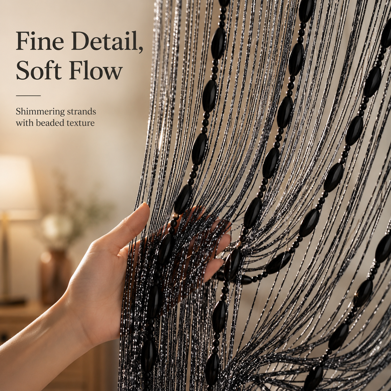 Woven fringed curtain hanging on home door frame