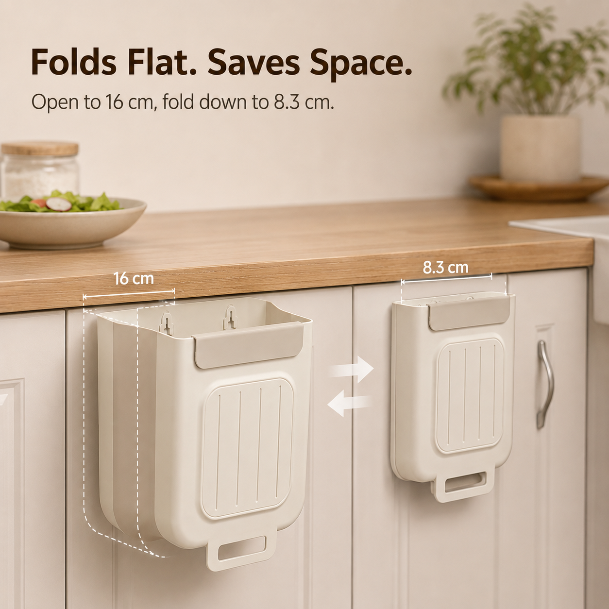 Hanging waste bin mounted under countertop
