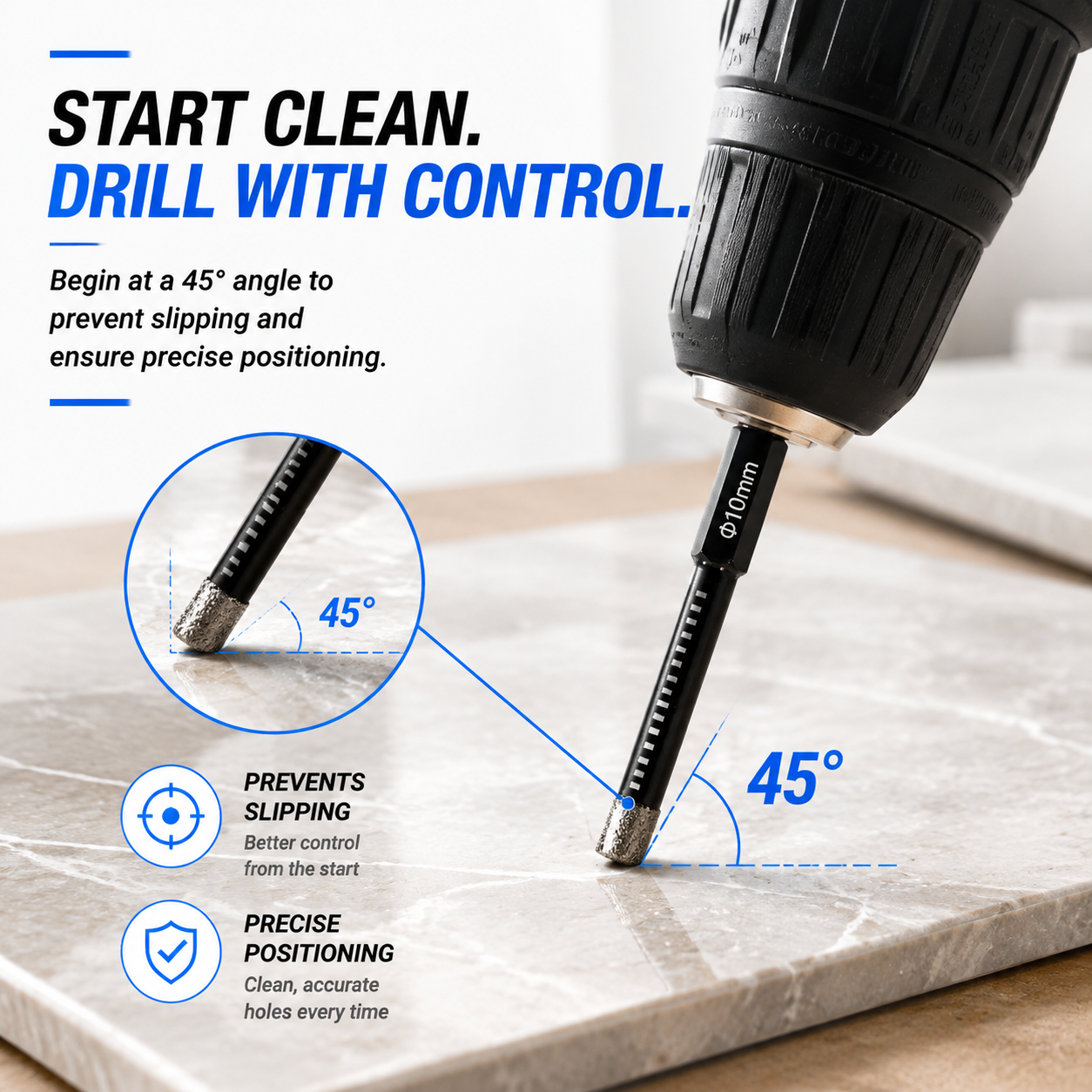 Dry drilling performance on hard tile surfaces