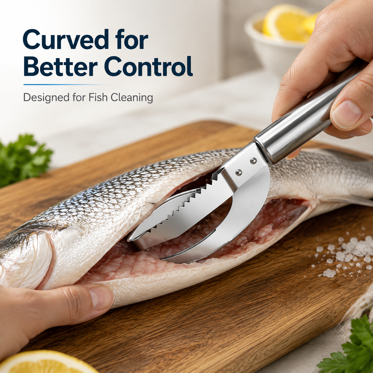 Fish cleaning tool alongside fresh fish on cutting board