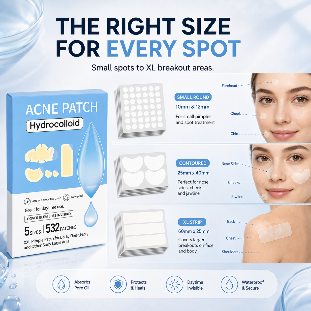 Assorted round dots, T-zone strips, and large rectangular hydrocolloid patches