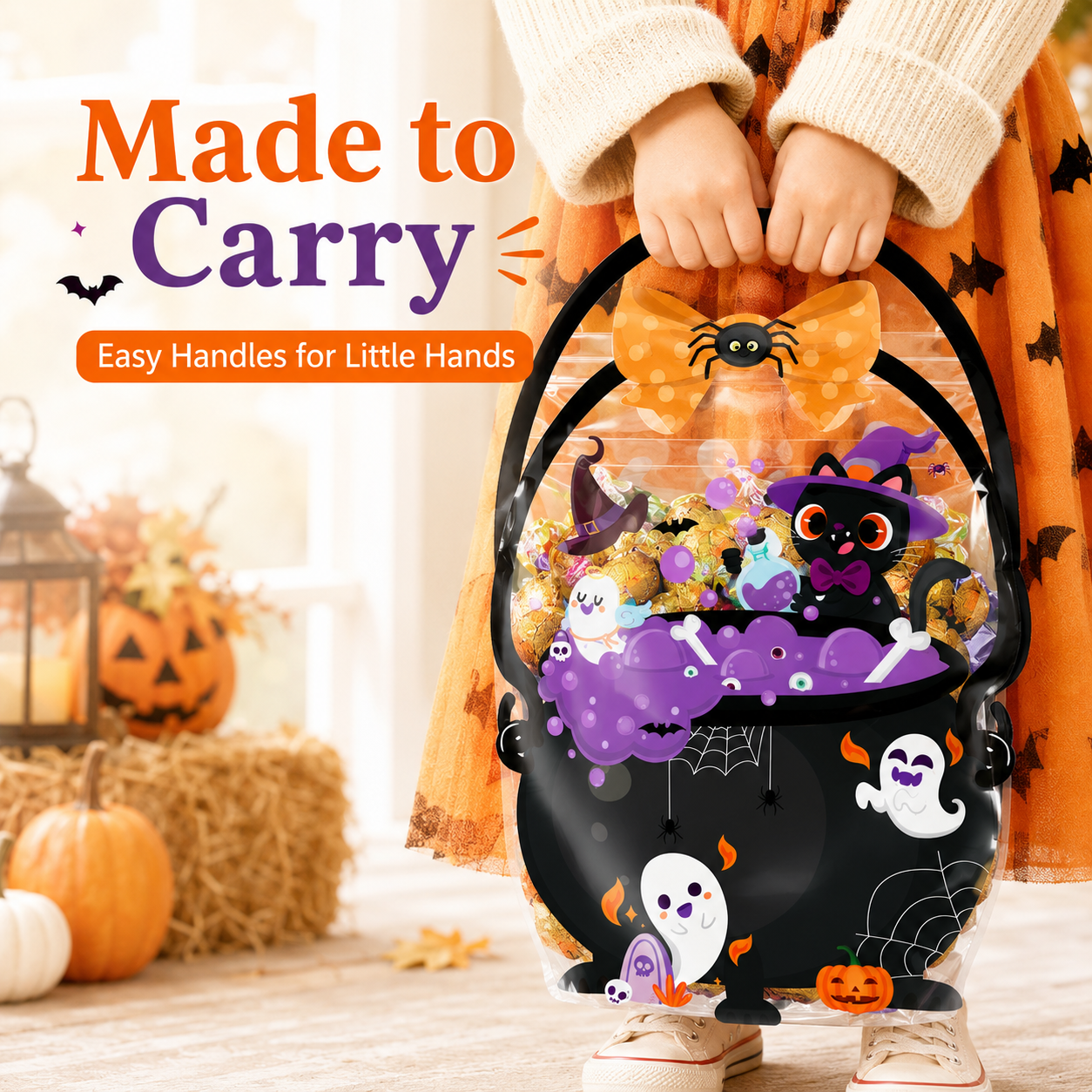 Clear window area showing delicious candies inside sealed Halloween bag