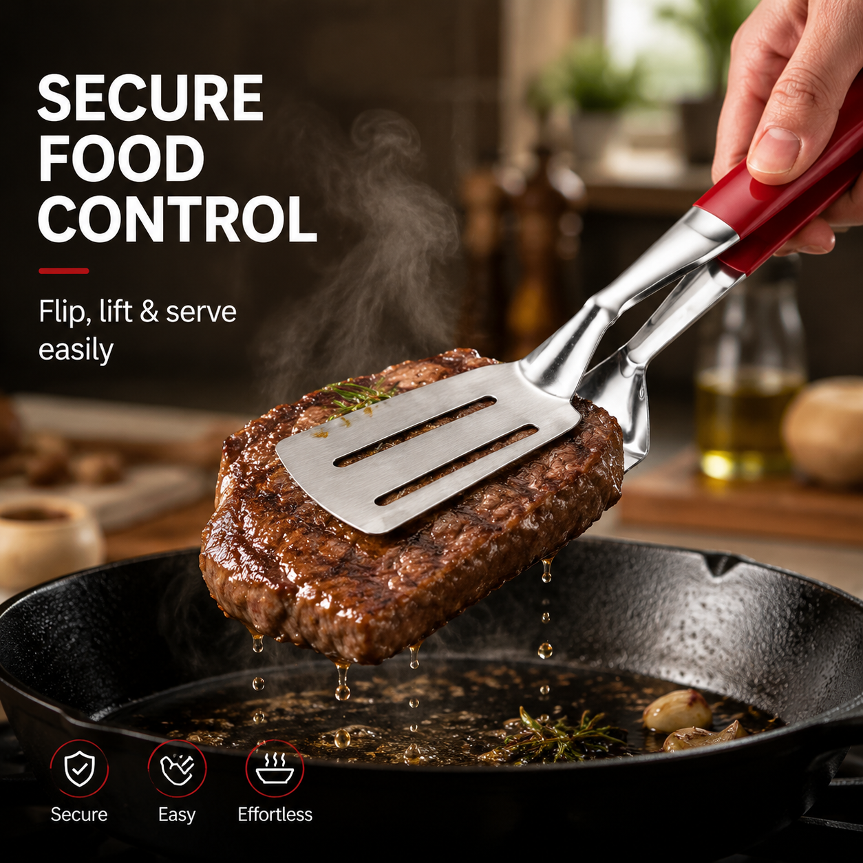 Flipping pan fried fish in skillet with spatula clip